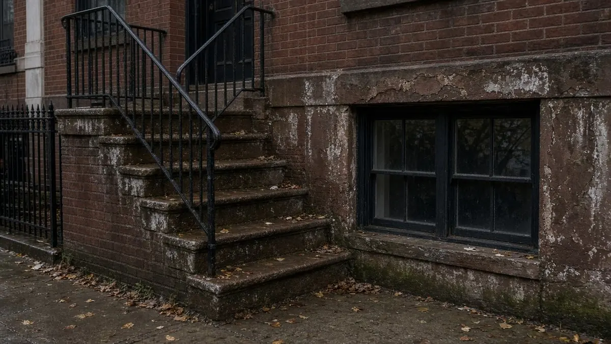 Weathered brick stoop with iron railings beside a barred basement window with peeling, stained masonry