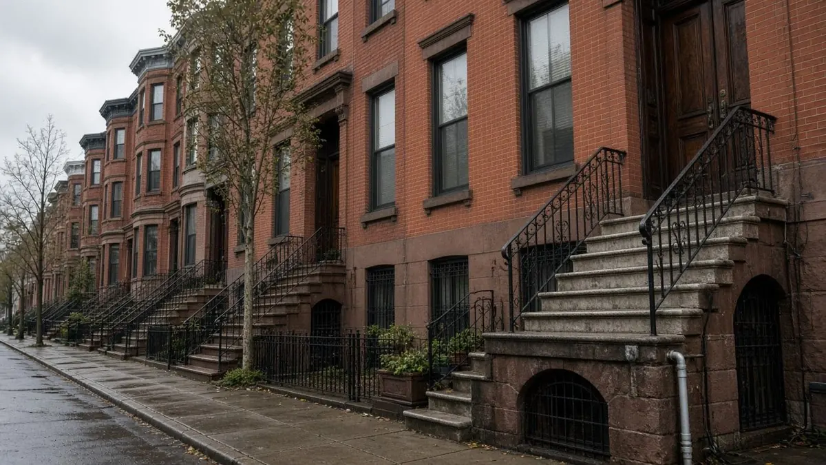 Brownstone entrance stairs with railings and an arched garden-level door on a rainy street