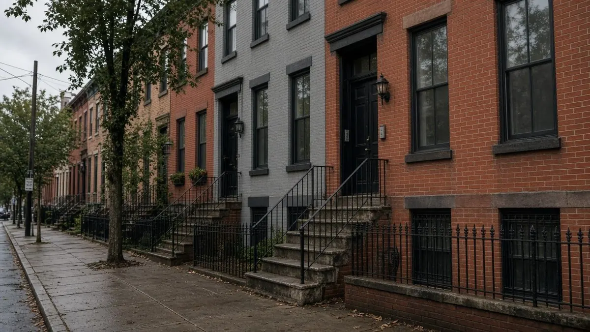 Row of brick townhouses with stoops, iron railings and street trees on a wet sidewalk